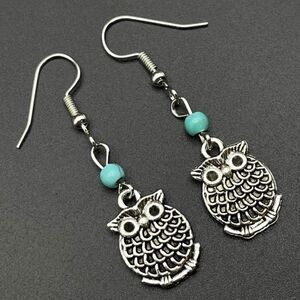 Silver Perched Owl on Branch with Blue Turquoise Beaded Dangling Hook Earrings